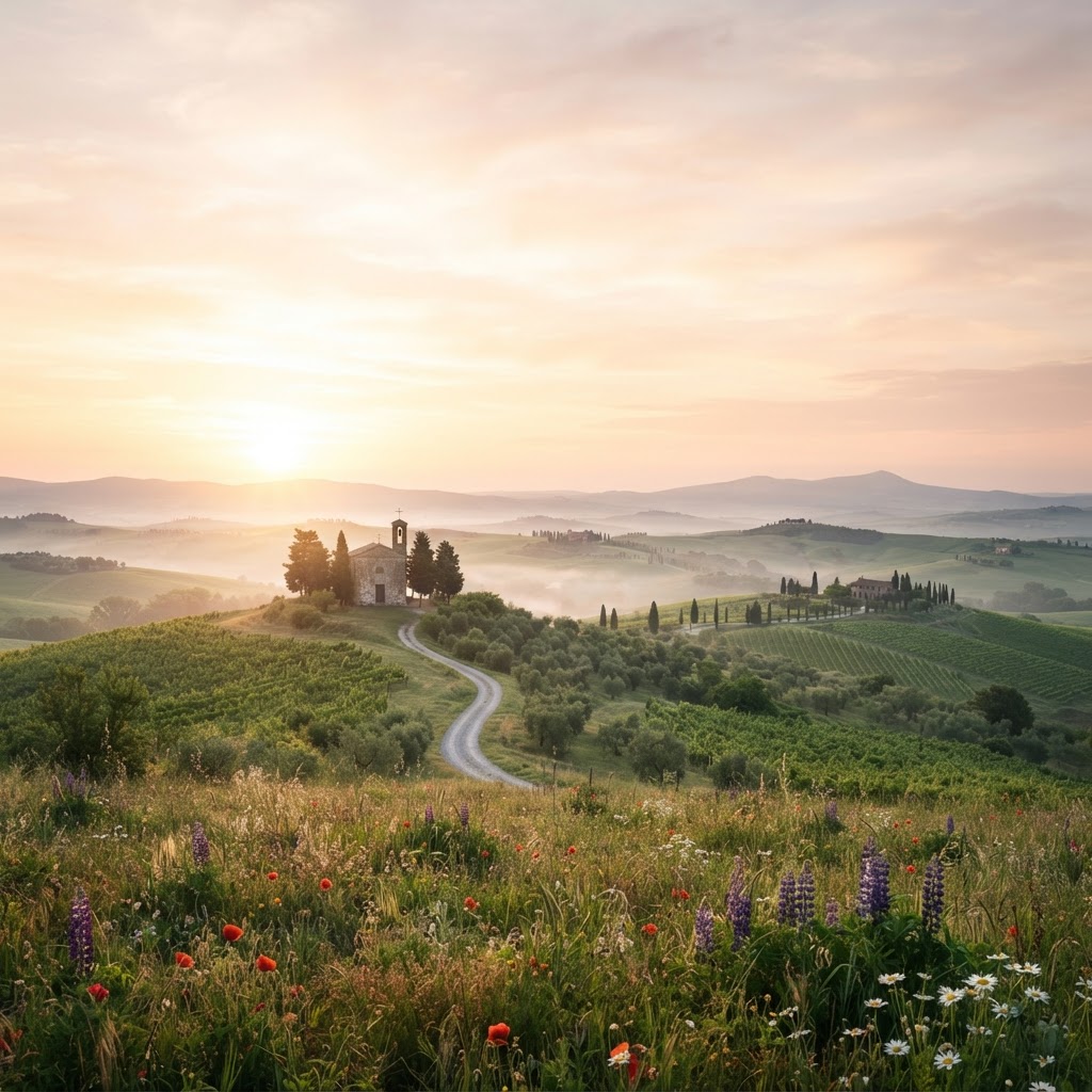 Golden sunrise over peaceful hills and a distant Christian chapel