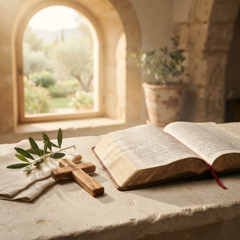 Open Bible, an olive branch and a wooden cross in warm morning light